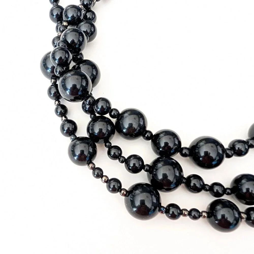 Talbots chunky glossy black and hematite beaded layered necklace